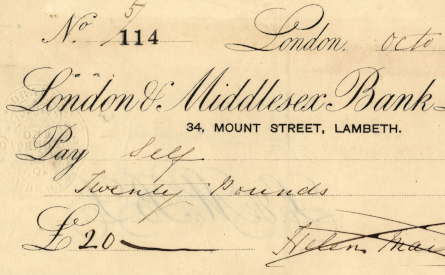 Detail from a cheque of London & Middlesex Bank Ltd, 1862