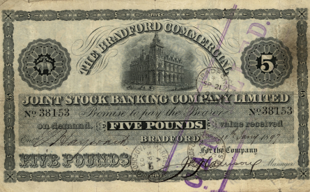 £5 note of Bradford Commercial Joint Stock Banking Co Ltd, c.1900