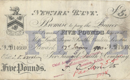 £5 note of Newark Bank, 17 January 1900