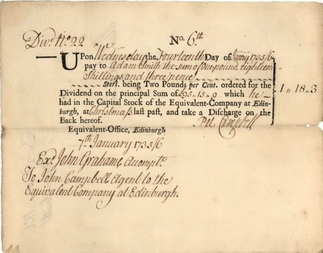 Equivalent Company dividend warrant in the name of the economist Adam Smith, 1736 © RBS 2018 Equivalent Company dividend warrant in the name of the economist Adam Smith, 1736 © RBS 2018