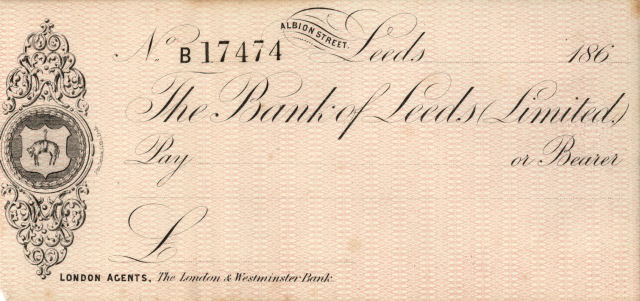 Unissued cheque form of Bank of Leeds, 1860s © RBS 2018 Unissued cheque form of Bank of Leeds, 1860s © RBS 2018