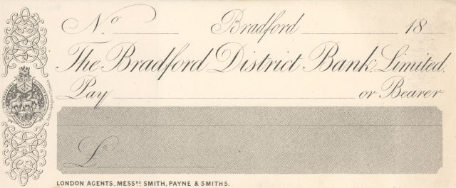 Cheque form of Bradford District Bank, 1870s © RBS 2018 Cheque form of Bradford District Bank, 1870s © RBS 2018