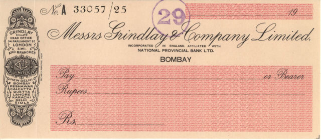 Cheque form of Bombay branch of Grindlay & Co Ltd, c.1930 © RBS 2018 Cheque form of Bombay branch of Grindlay & Co Ltd, c.1930 © RBS 2018