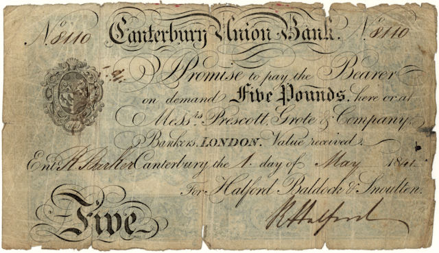£5 note of Canterbury Union Bank, 1841 © RBS 2018