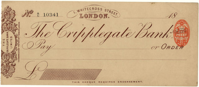 Cheque form of Cripplegate Bank Ltd, 1896 © RBS 2018