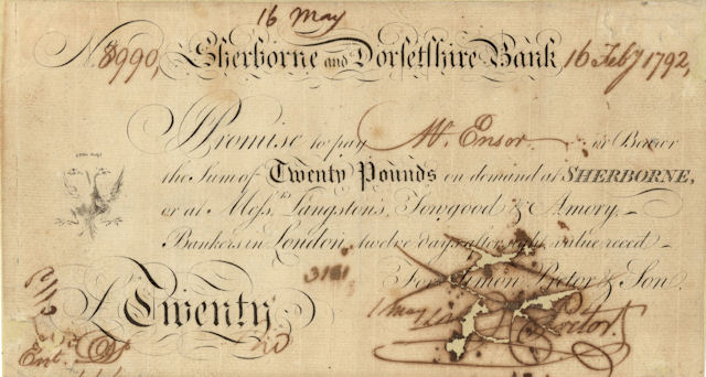 £20 note of Sherborne & Dorsetshire Bank, 16 February 1792 © RBS 2018