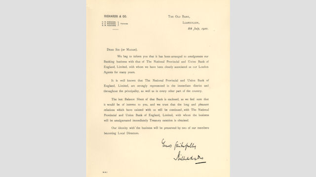 Circular announcing the amalgamation of Richards & Co with National Provincial & Union Bank of England, 8 July 1920 © RBS 2018 Circular announcing the amalgamation of Richards & Co with National Provincial & Union Bank of England, 8 July 1920 © RBS 2018