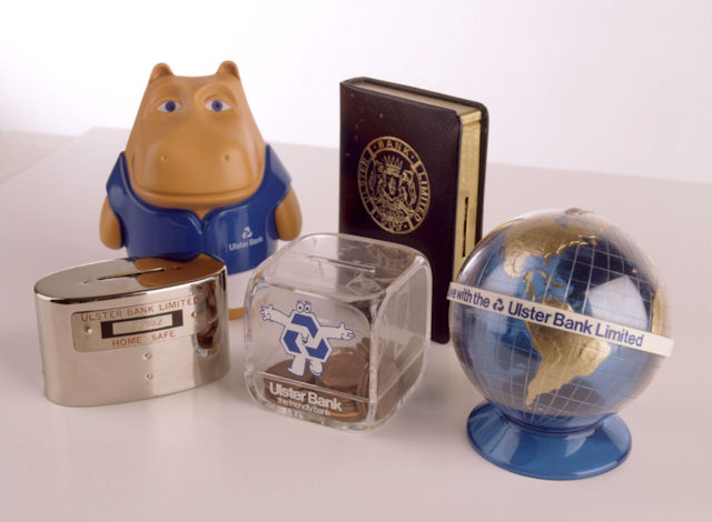 A selection of home safes and money boxes produced by Ulster Bank during the 20th century © RBS 2018