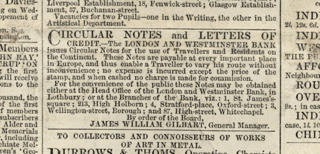 Newspaper advertisement for letters of credit and circular notes offered by London & Westminster Bank, 1846 © RBS 2018