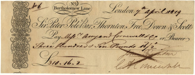 Cheque of Pole, Thornton, Free, Down & Scott, 7 April 1819 © RBS 2018