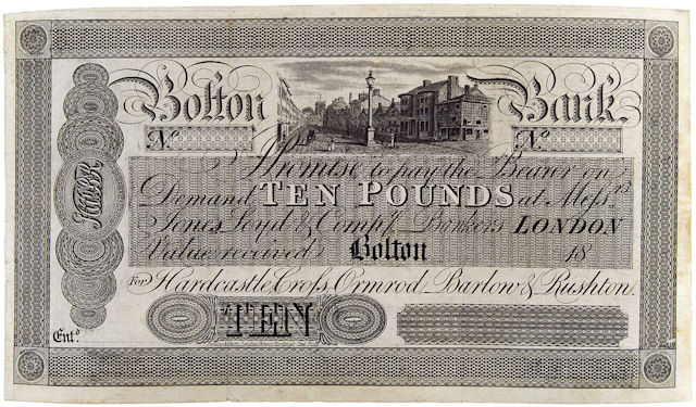 Unissued £10 note of Hardcastle, Cross, Ormrod, Barlow & Rushton, also known as Bolton Bank, 1830s © RBS 2018