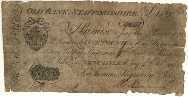 £1 note of Thomas Kinnersly & Sons, Old Bank, Staffordshire, 1820s © RBS 2018