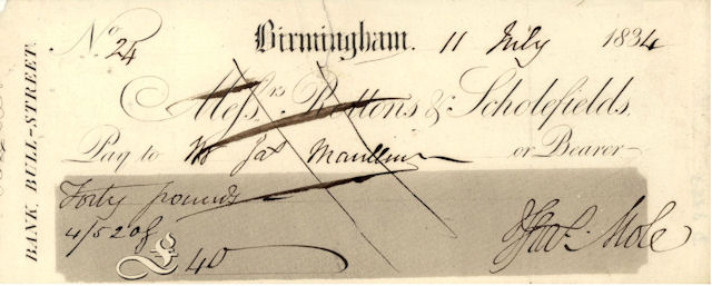 Cheque of Messrs Rottons & Scholefields, 11 July 1834 © RBS 2018 Cheque of Messrs Rottons & Scholefields, 11 July 1834 © RBS 2018