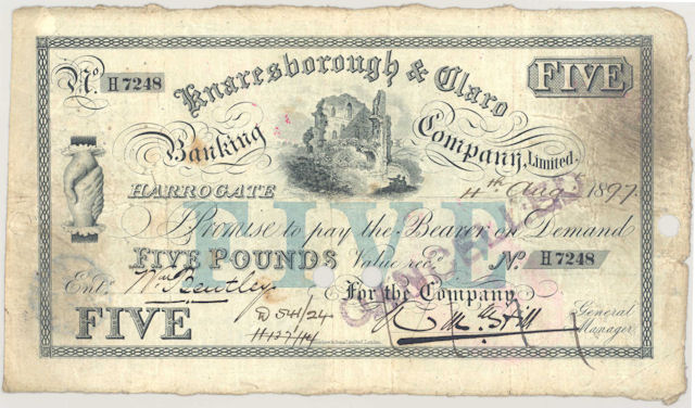 £5 note of Knaresborough & Claro Banking Co Ltd, 1897 © RBS 2018