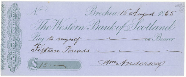 Cheque drawn on Brechin branch of Western Bank of Scotland, 16 August 1855 © RBS 2018