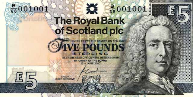 Archibald, Earl of Ilay depicted on The Royal Bank of Scotland's Ilay series £5 note, 1987-2016. © RBS 2018
