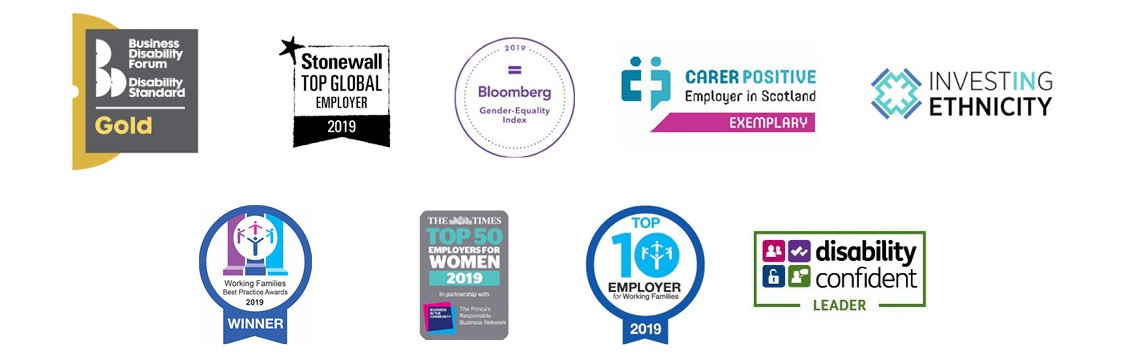 2019 awards highlights Series of logos for employer awards won by RBS for 2019