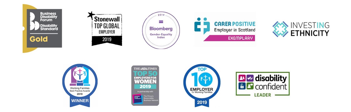 Series of logos for employer awards won by RBS for 2019