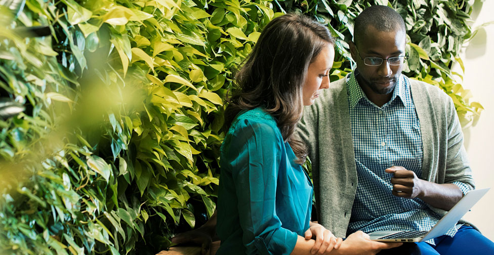 Sustainable Banking Two people engaged in conversation focused on laptop