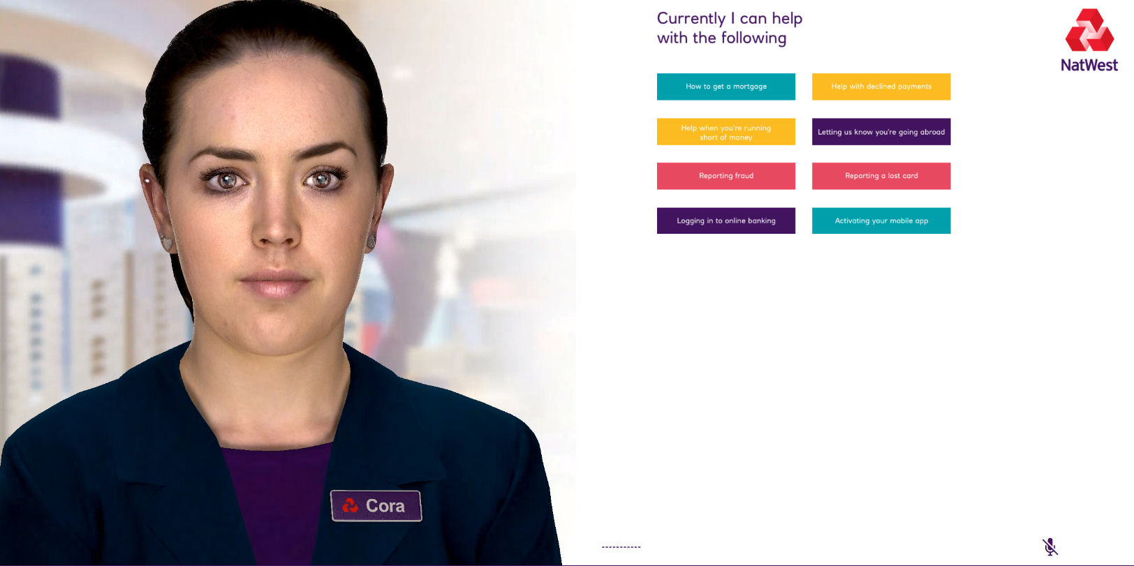 a visual of Cora, NatWest's AI driven digital human which is in pilot