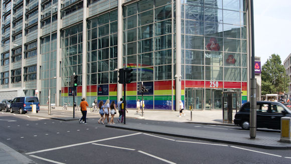 NatWest recently 'wrapped' its Bishopsgate office in Pride flag colours