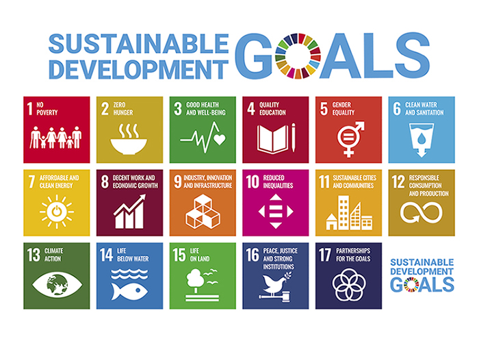 United Nations Sustainable Development Goals chart in coloured boxes with icons